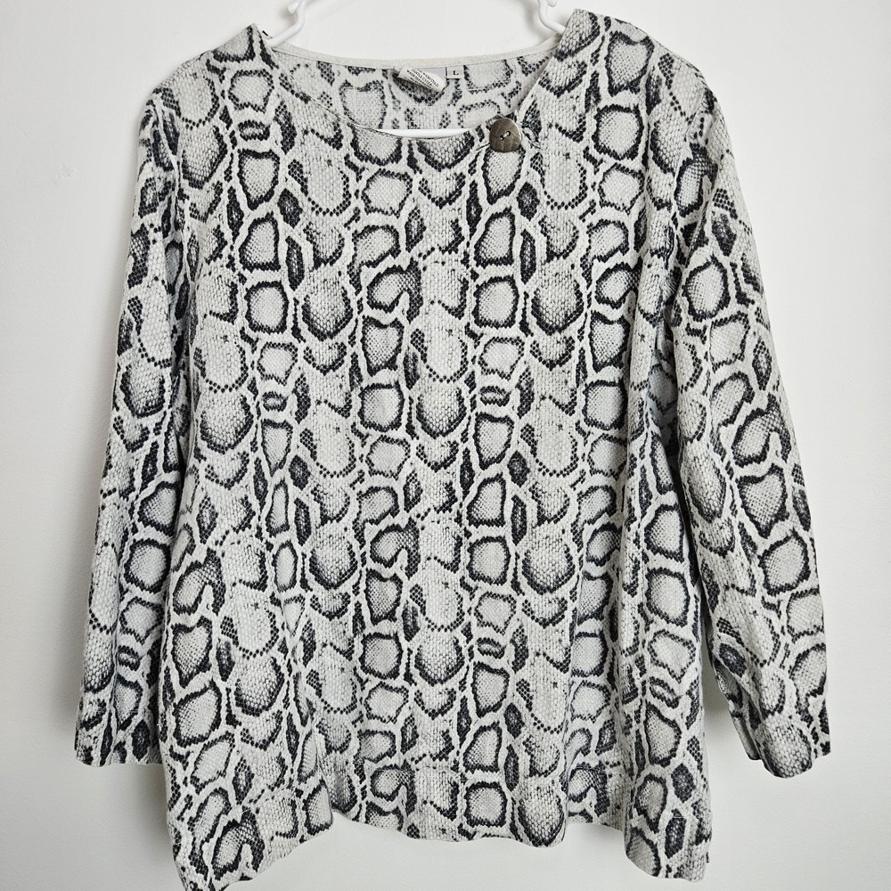 HOT COTTON Blouse Womens Sz L 3/4 Sleeve‎ Linen Top Snake Print USA Made